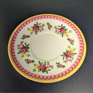 Laura Ashley Saucer Pink Roses Yellow Accents Floral Design Yellow Rim
